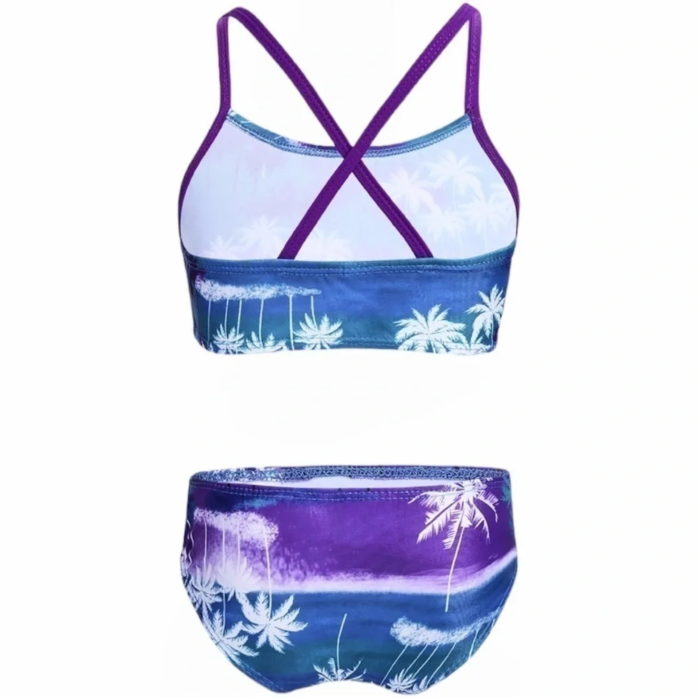 Iefiel Girls Med Swimsuit Tankini Tropical Palm Flounce Top Brief Blue Purple